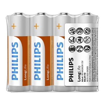 Philips R6L4F/10 - 4 vnt cinko chlorido baterijos  AA LONGLIFE 1,5V 900mAh