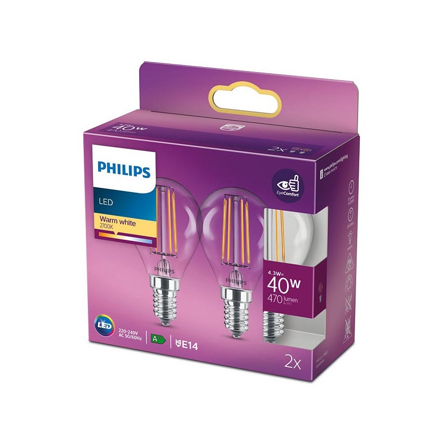 RINKINYS 2x LED Lemputės VINTAGE Philips E14/4,3W/230V 2700K