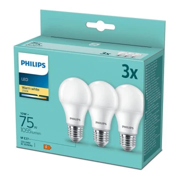 RINKINYS 3x LED Lemputė Philips A60 E27/10W/230V 2700K