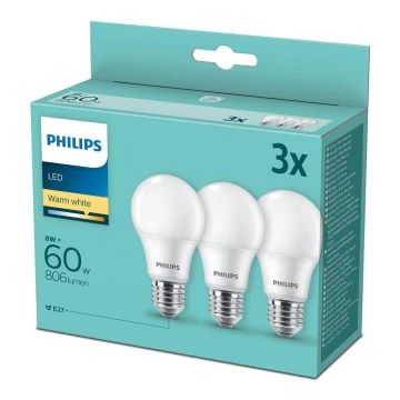 RINKINYS 3x LED Lemputė Philips A60 E27/8W/230V 2700K