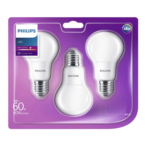 RINKINYS 3x LED lemputė Philips E27/8W/230V 2700K