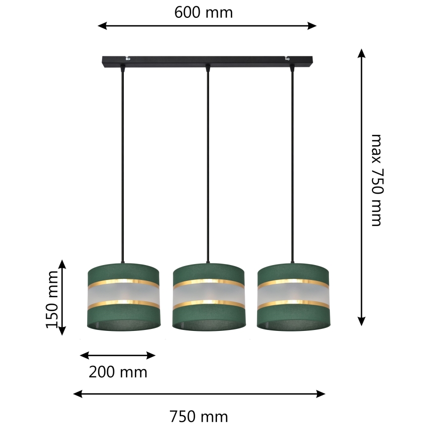Sietynas, kabinamas ant virvės HELEN 3xE27/60W/230V žalia/auksas