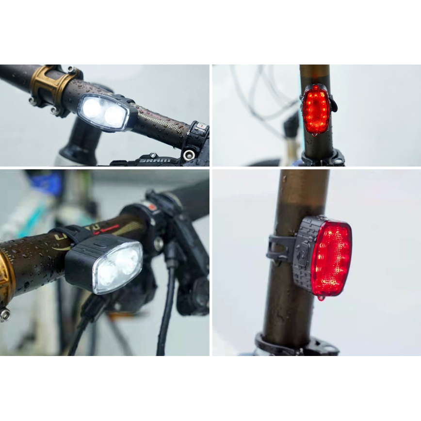 KOMPLEKTAS 2x LED Pritemdomas įkraunamas dviračio žibintas 350mAh IP44 raudona/balta