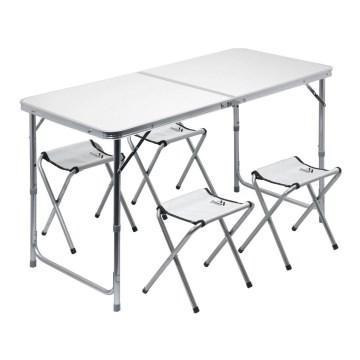 Sulankstomas stovyklavimo stalas + 4x kėdė balta/chrominė