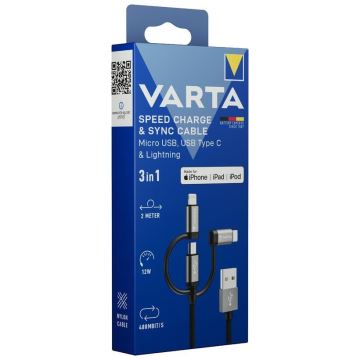 Varta 57937101111 - USB laidas 3in1 Su Lightning jungtim ir Micro USB 2m