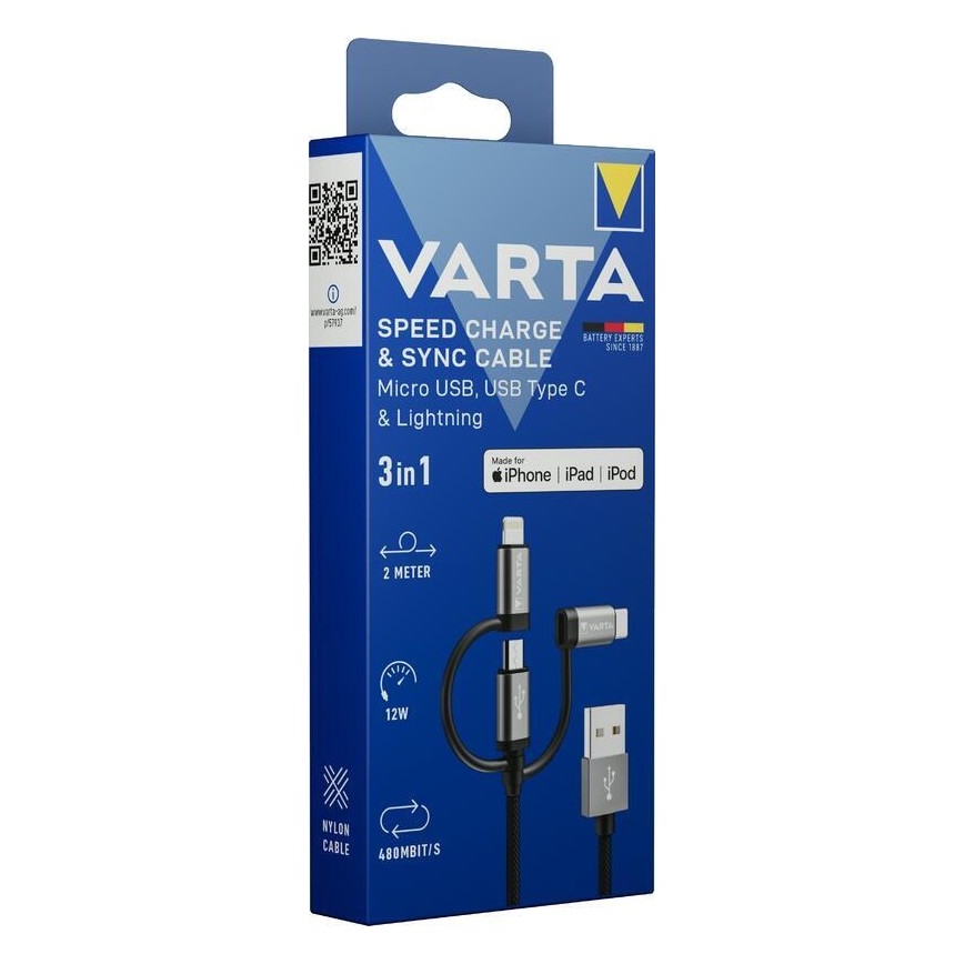 Varta 57937101111 - USB laidas 3in1 Su Lightning jungtim ir Micro USB 2m